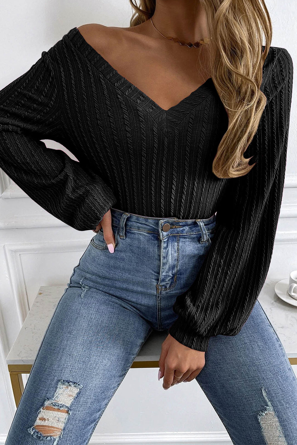 Black Long Sleeve Knit Top in Size S, M, L, or XL