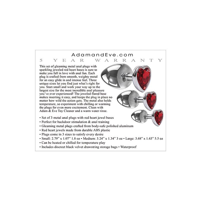 Adam and Eve Three Hearts Gem Anal Plug Set - Silver/Red