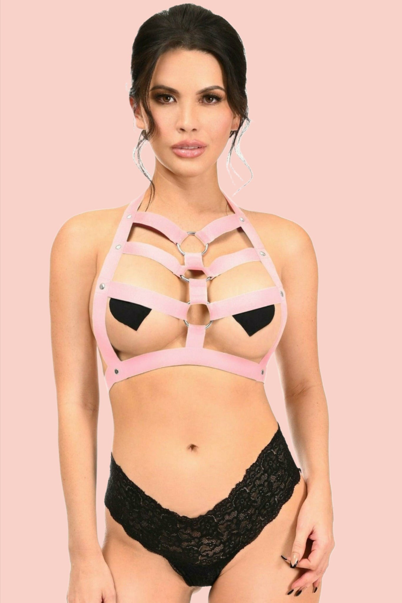 Stretchy Body Harness with Silver Hardware in Black or Light Pink in Size Regular or Queen