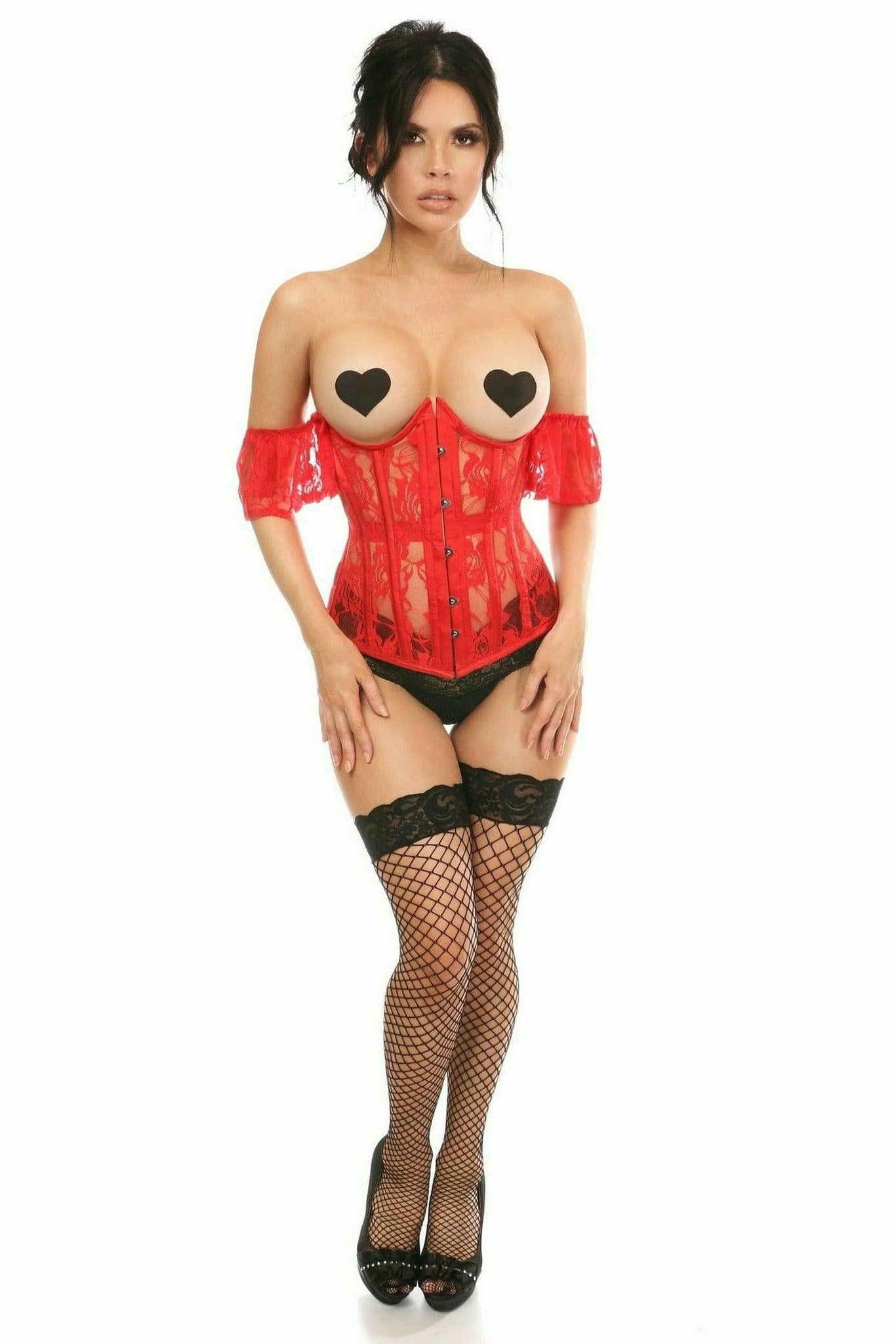 Lavish Sheer Red Lace Underbust Underwire Corset with Ruffle Sleeve by Daisy Corsets in Size S, M, L, XL, 2X, 3X, 4X, 5X, or 6X