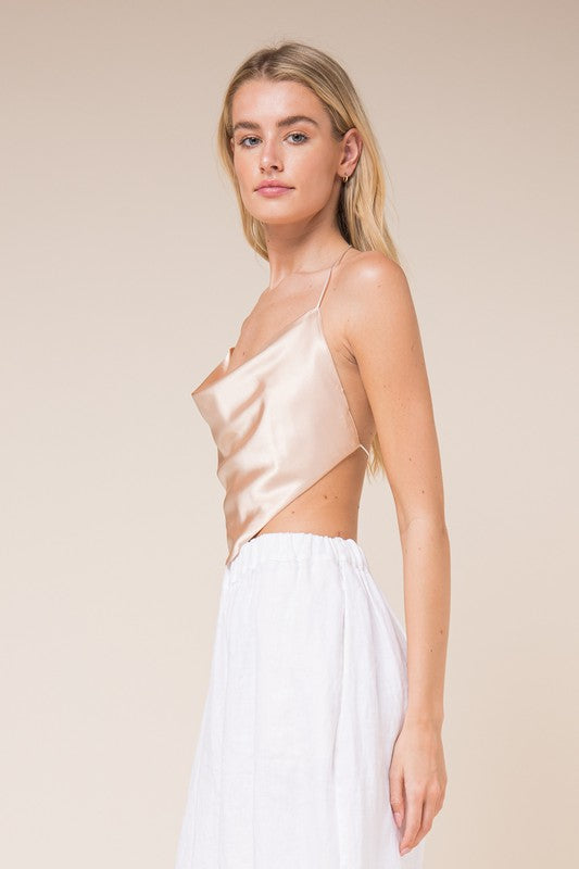 "Sky to Moon" Sun Kissed Satin Sleeveless Open Back Cropped Halter Top in Size S, M, or L