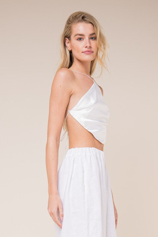 "Sky to Moon"Satin Sleeveless Halter Top with Adjustable Tie and Open Back in Size S, M, or L