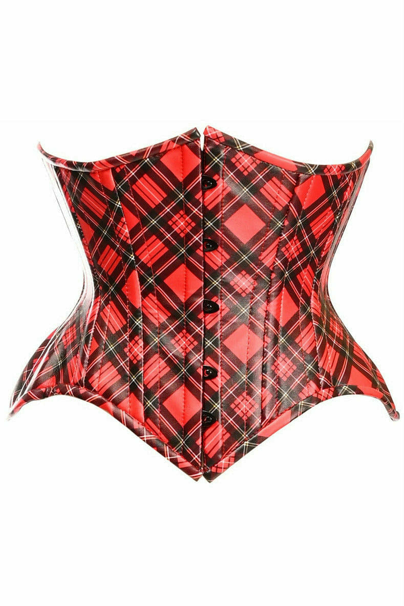 Top Drawer Red Plaid Faux Leather Double Steel Boned Curvy Cut Underbust Corset by Daisy Corsets in Size S, M, L, XL, 2X, 3X, 4X, 5X, or 6X