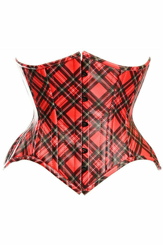 Top Drawer Red Plaid Faux Leather Double Steel Boned Curvy Cut Underbust Corset by Daisy Corsets in Size S, M, L, XL, 2X, 3X, 4X, 5X, or 6X