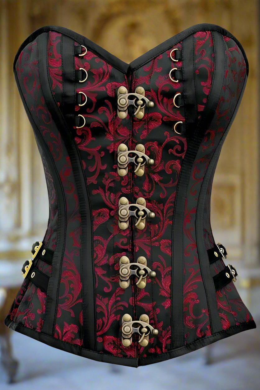 Black and Red Swirl Brocade Steel Boned Over Bust Corset with Buckles ✨