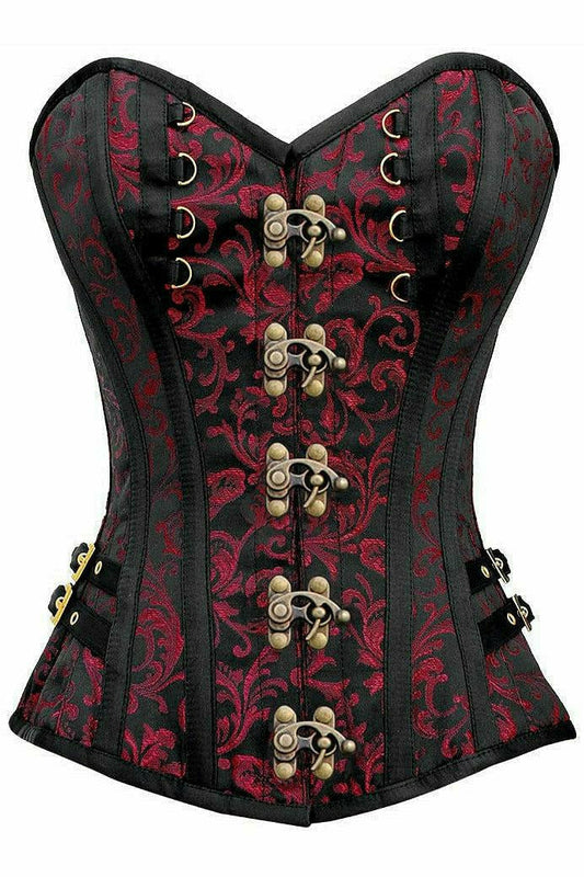 Top Drawer Black/Red Swirl Brocade Steel Boned Overbust Corset with Buckles by Daisy Corsets in Size S, M, L, XL, 2X, 3X, 4X, 5X, or 6X