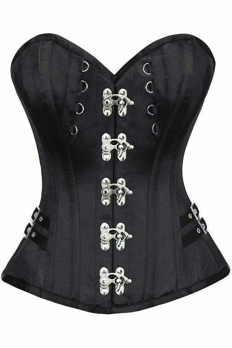 Top Drawer Black Satin Steel Boned Overbust Corset with Buckles in Size S, M, L, XL, 2X, 3X, 4X, 5X, or 6X