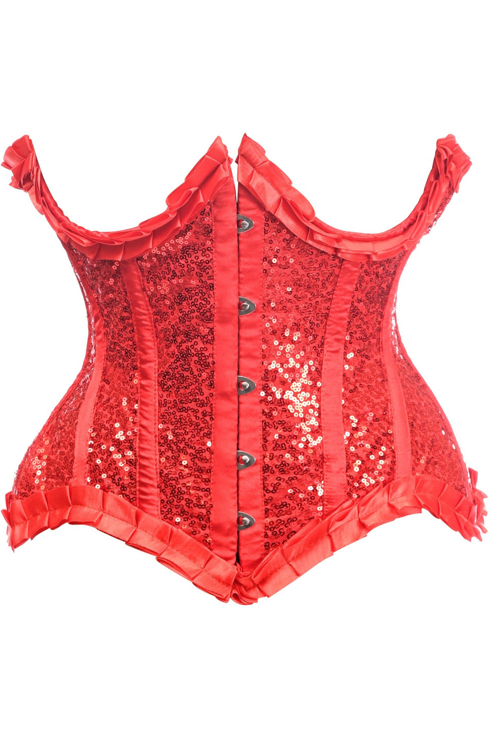 Top Drawer Red Satin and Sequin Underwire Curvy Cut Steel Boned Underbust Corset by Daisy Corsets in Size S, M, L, XL, 2X, 3X, 4X, 5X, or 6X