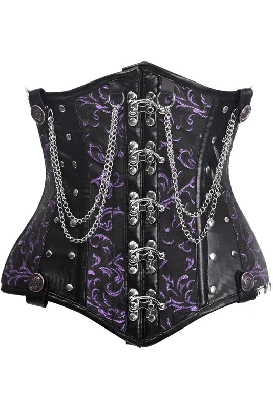 Top Drawer Black and Purple Steel Boned Underbust Corset with Chains and Clasps in Size XS, S, M, L, XL, 2X, 3X, 4X, 5X, or 6X