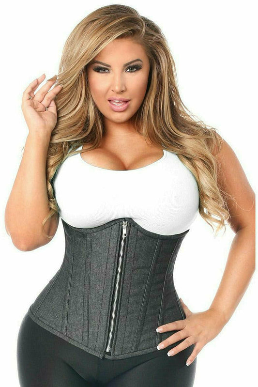 Top Drawer Denim Black Steel Boned Underbust Corset with Zipper and Ruffle Panties