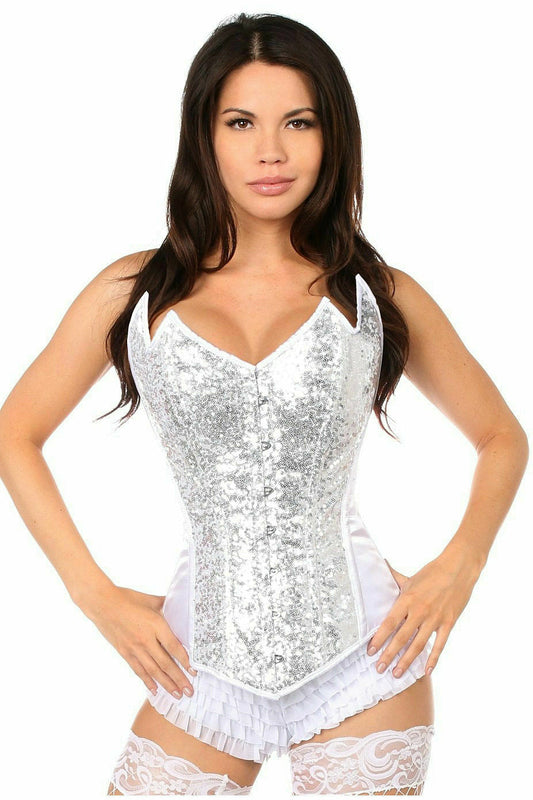 Sparkling Steel Boned Corset in White/Silver or Black in Size S, M, L, XL, 2X, 3X, 4X, 5X, or 6X