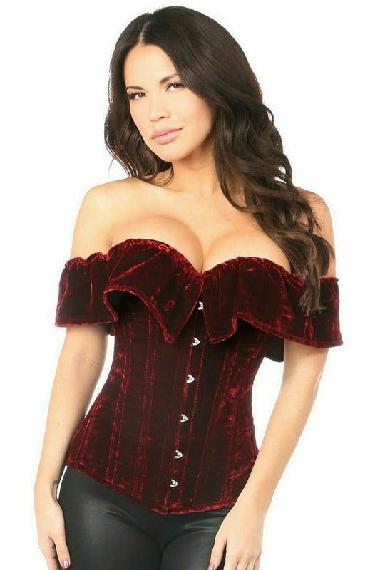 Top Drawer Dark Red Velvet Off-The-Shoulder Steel Boned Corset by Daisy Corsets in Size S, M, L, XL, 2X, 3X, 4X, 5X, or 6X