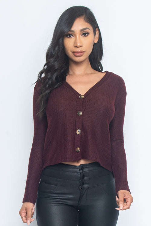 Pretty Cropped Button Up Sweater in Wine in Size S, M, L, or XL