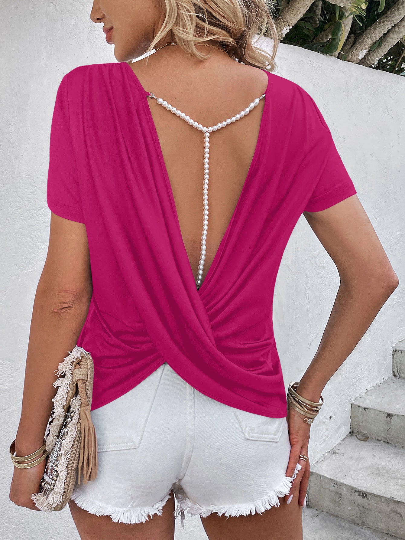 Barbie Style Beads Trim Back Twisted Blouse
