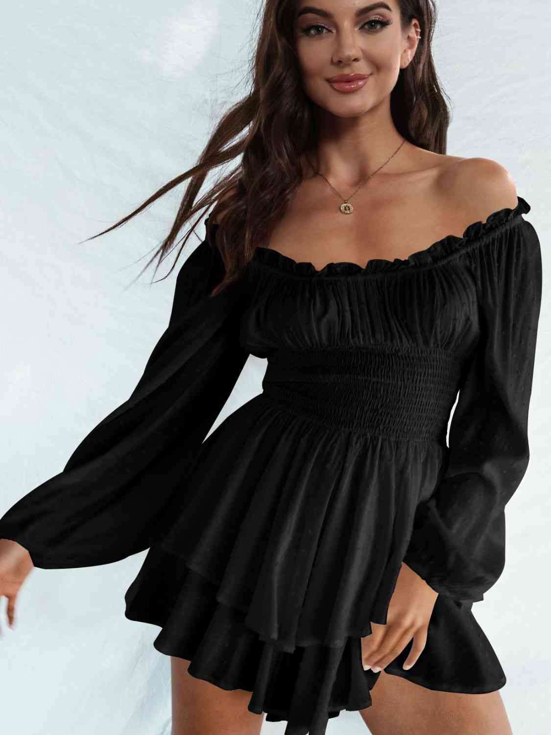 Off Shoulder Smocked Waist Romper Black