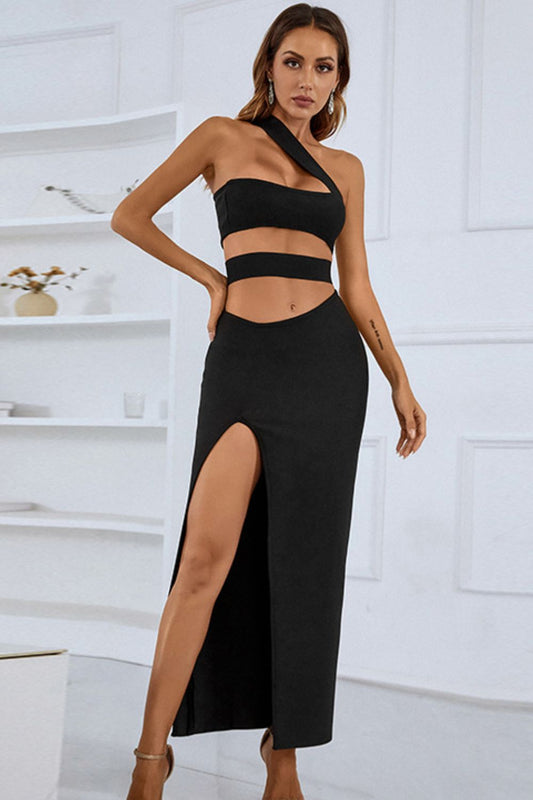 Black One Shoulder Cutout Front Split Maxi Dress in Size S, M, or L