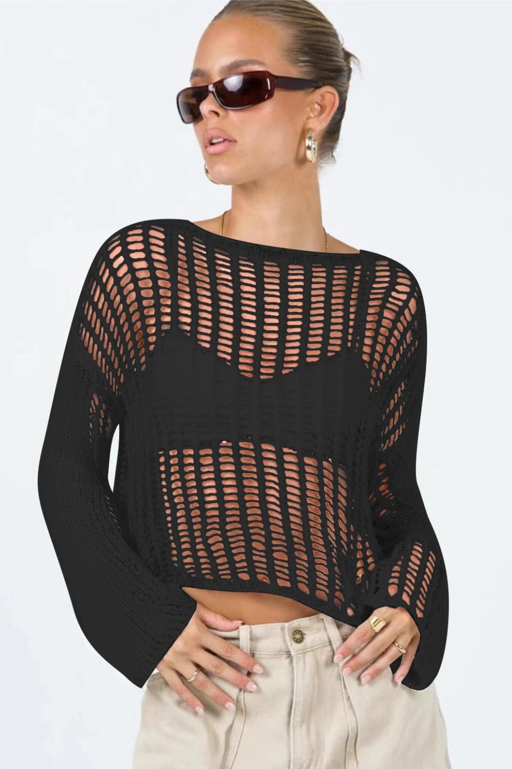 Openwork Boat Neck Long Sleeve Cover Up in 4 Color Choices in Size S, M, L, or XL