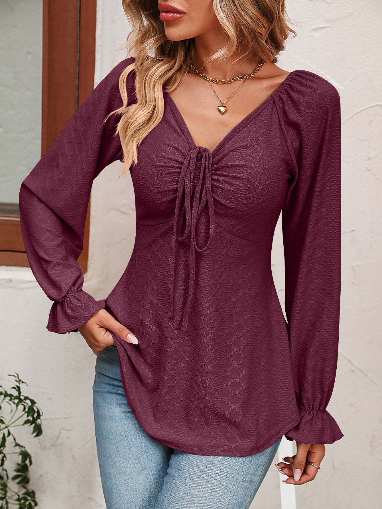 Tie Front V Neck Puff Sleeve Blouse in 6 Color Choices in Size S, M, L, XL, or 2XL