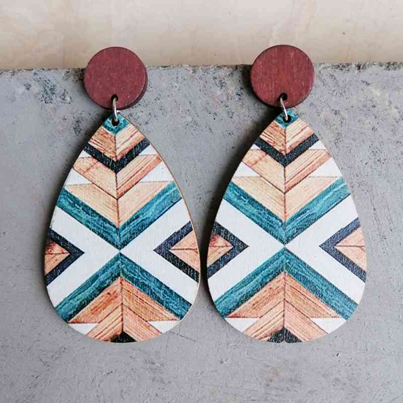 Geometric Wood Teardrop Earrings Style B One Size