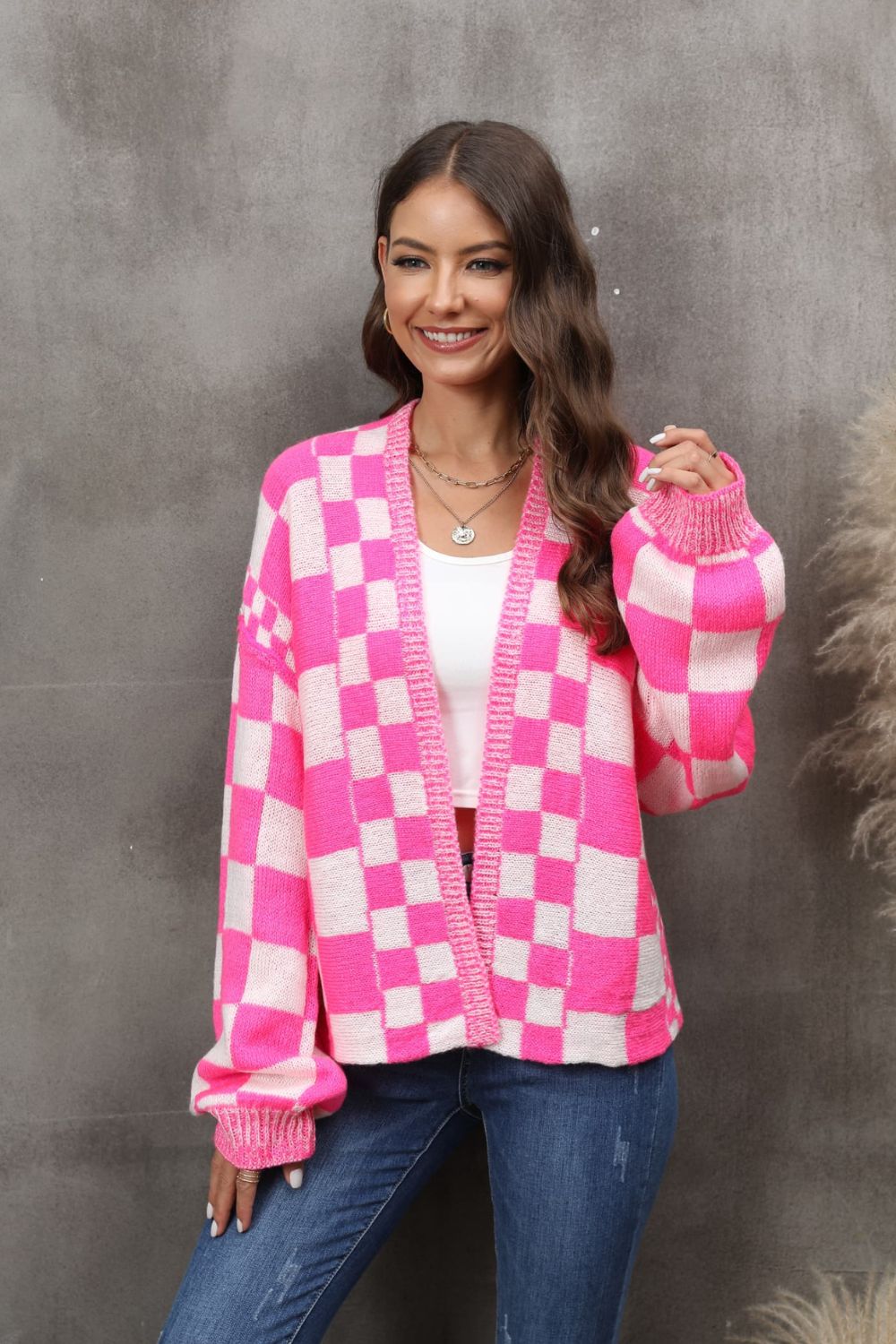 Pink Checkered Open Front Drop Shoulder Cardigan in Size S, M, L, or XL