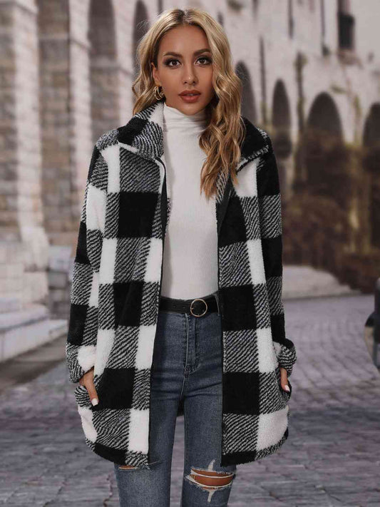 Plaid Collared Neck Coat with Pockets Black