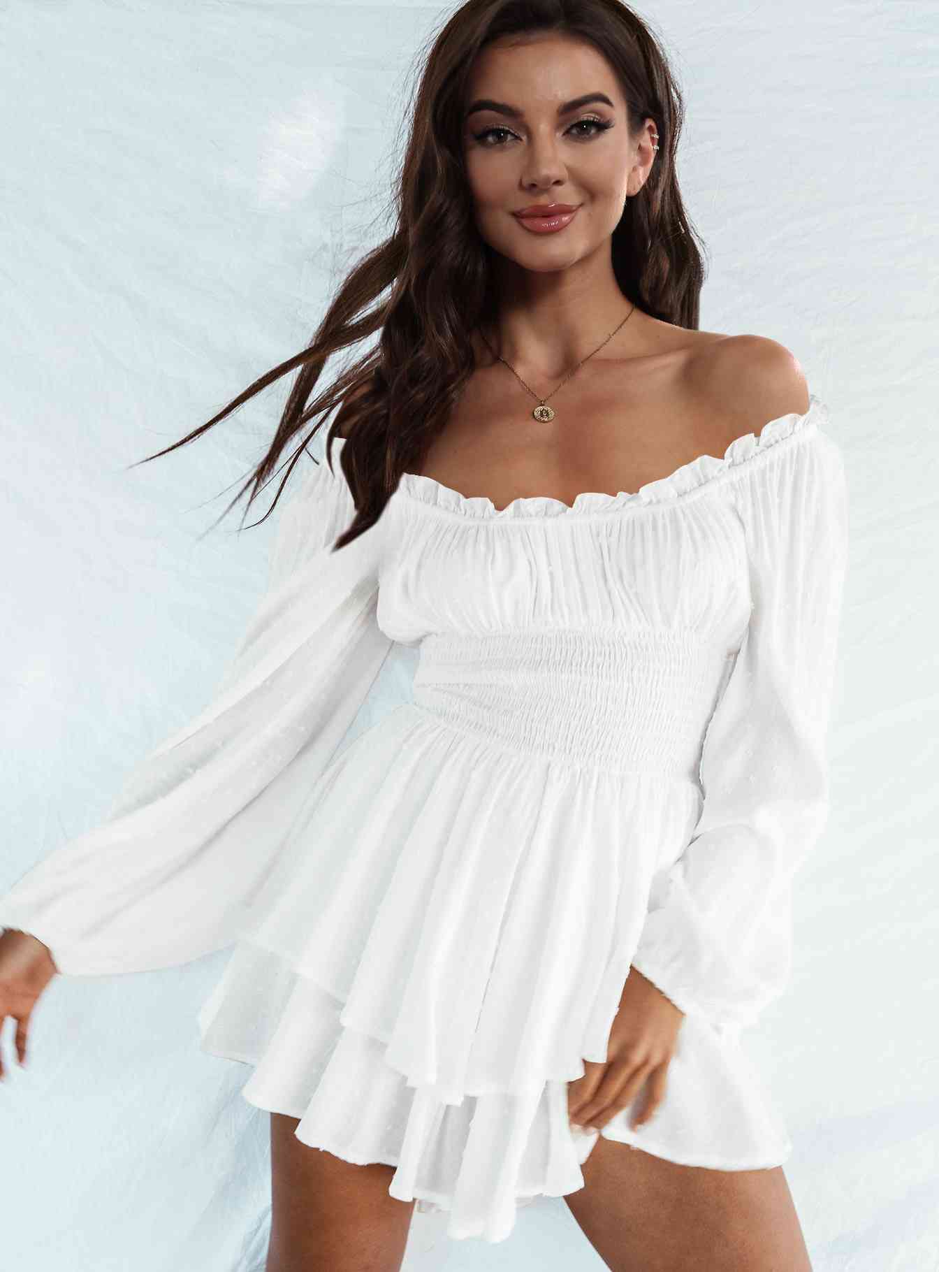 Off Shoulder Smocked Waist Romper White