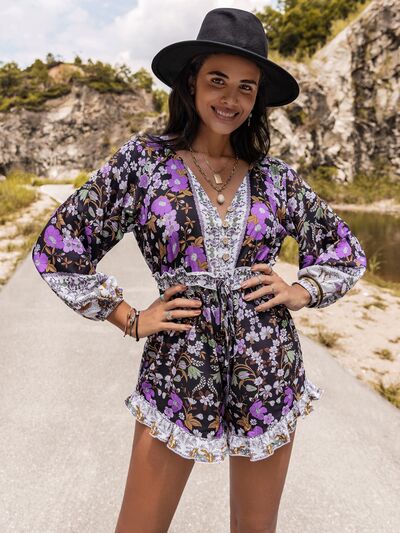 Printed Frill Half Button Balloon Sleeve Romper in Size S, M, L, or XL