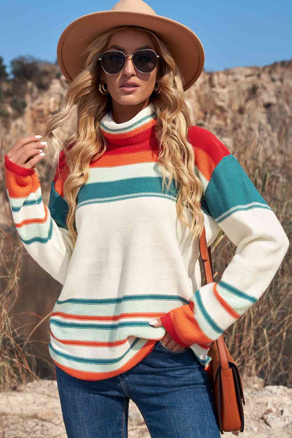 Woven Right Striped Turtleneck Drop Shoulder Sweater Multi