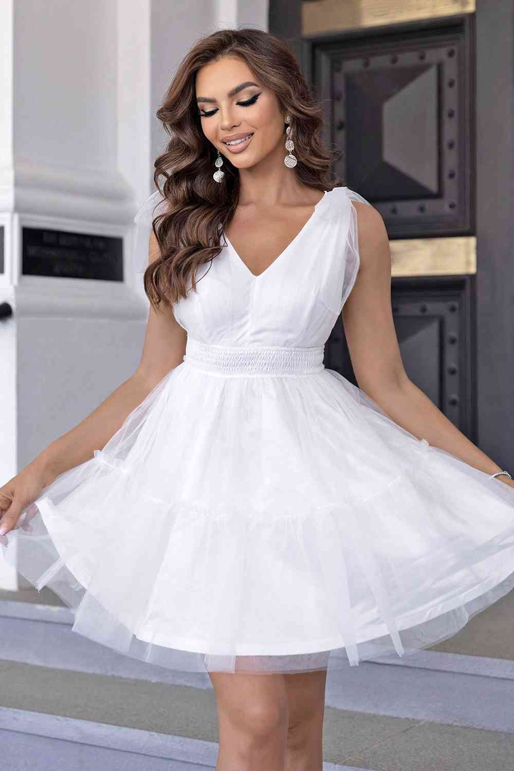V-Neck Shoulder Detail Mesh Dress White