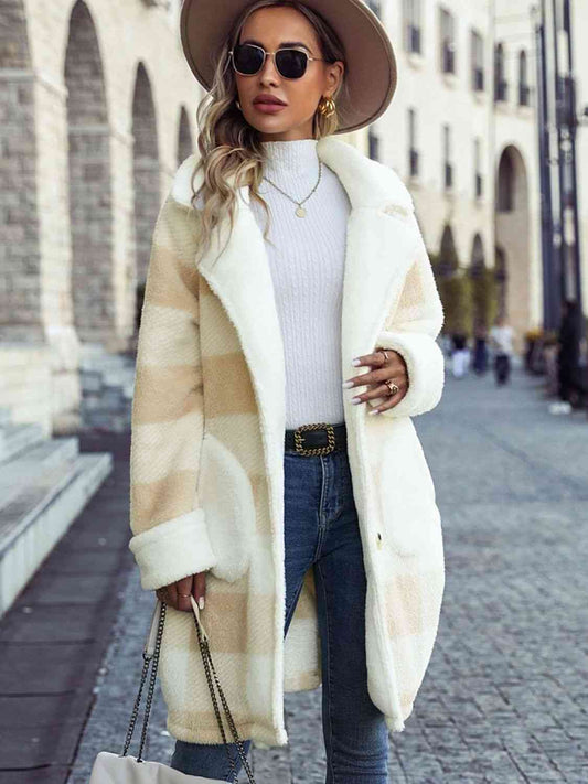 Plaid Button Down Coat with Pockets Beige