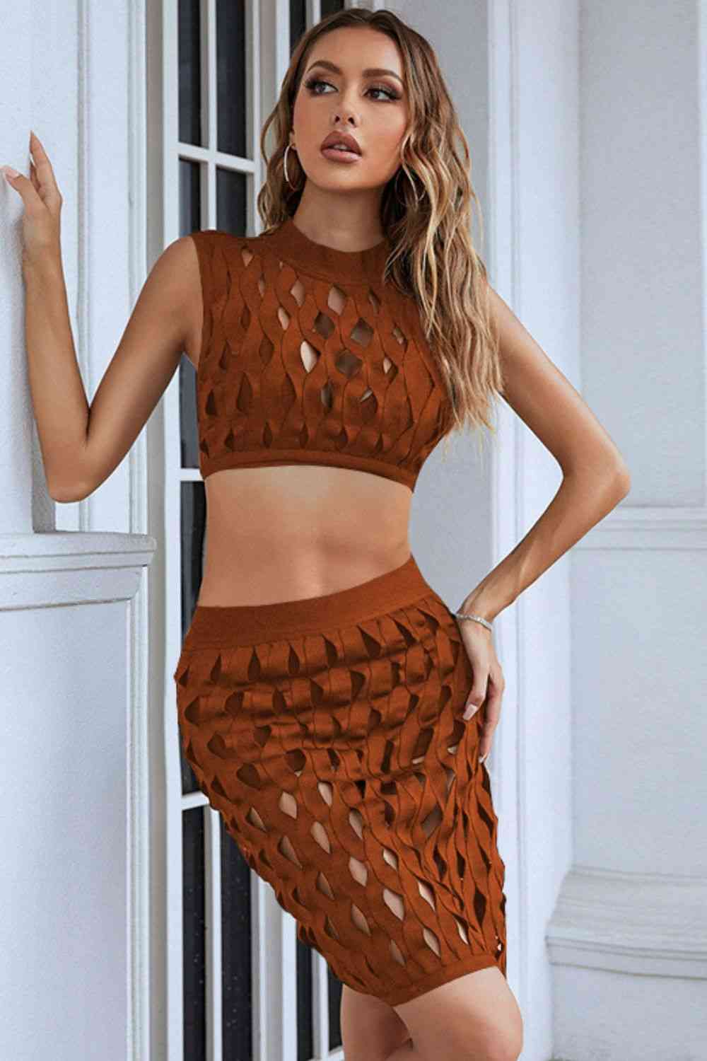 Openwork Cropped Top and Skirt Set in Size S, M, or L