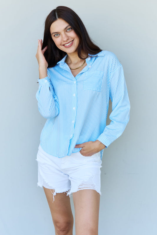 Striped Button Down Blue Shirt in Sizes S, M, or L