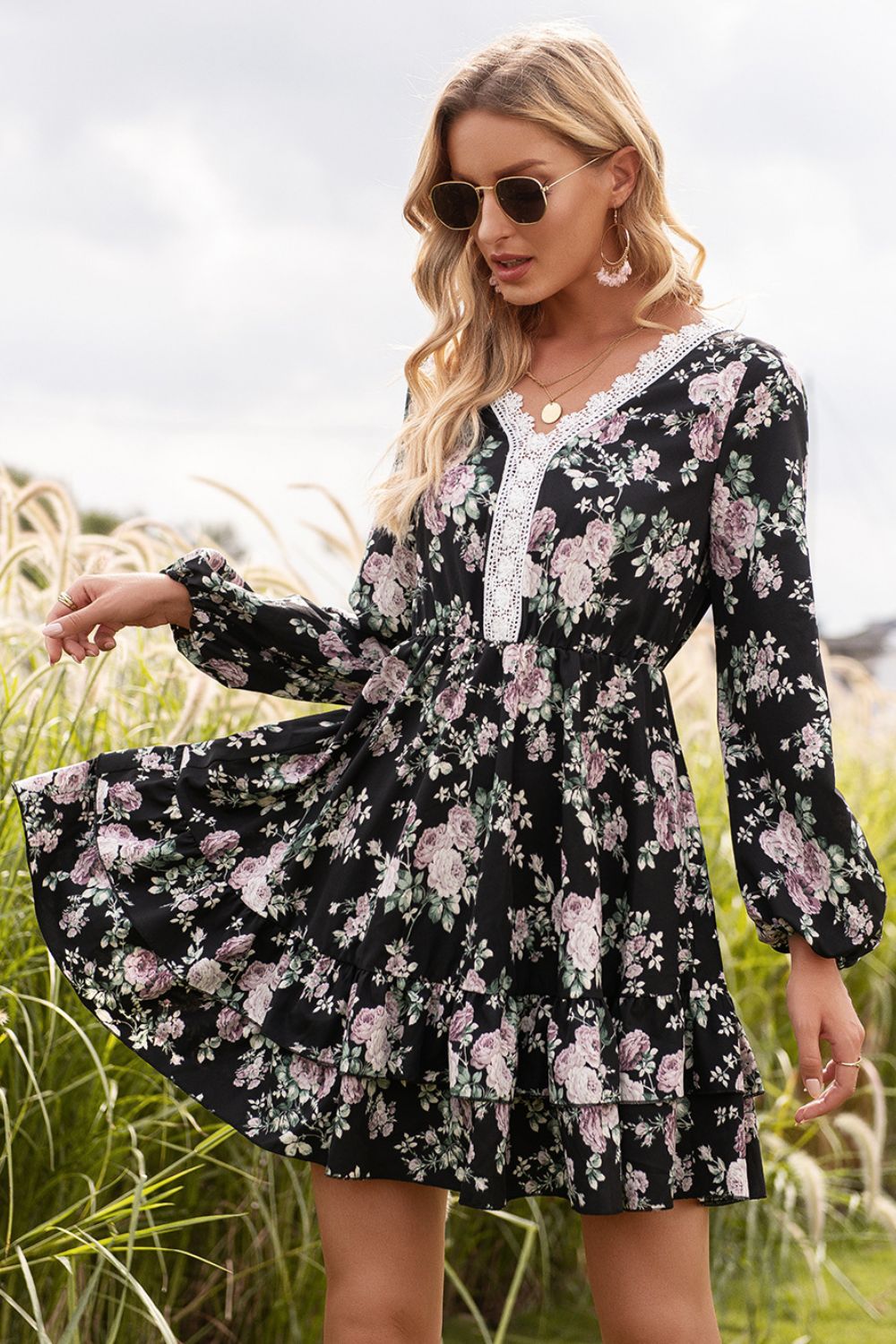 Floral Lace Trim Long Sleeve Dress in Size S, M, L, or XL