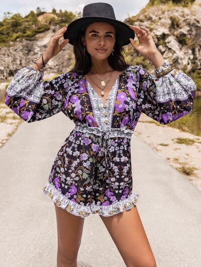 Printed Frill Half Button Balloon Sleeve Romper in Size S, M, L, or XL