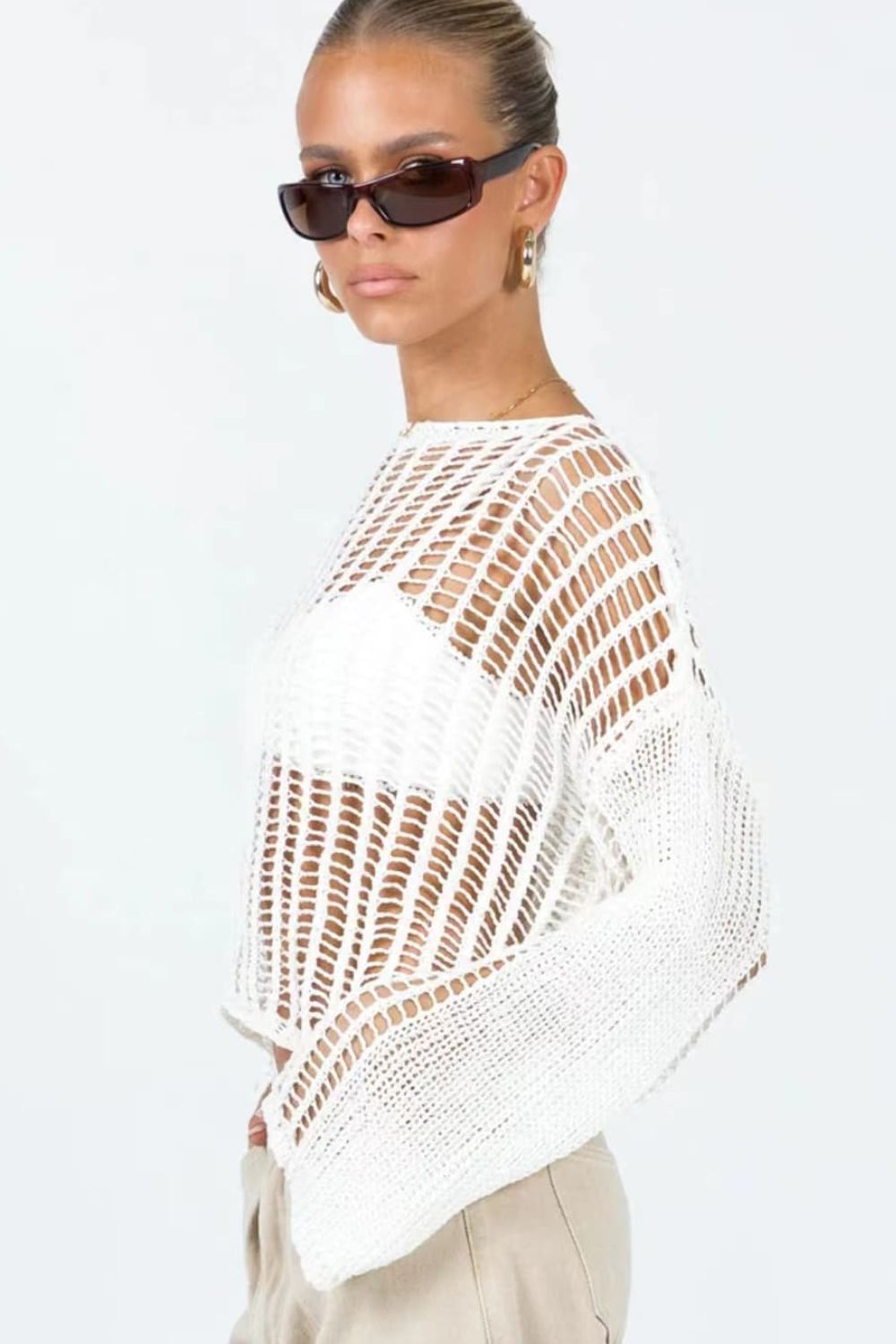 Openwork Boat Neck Long Sleeve Cover Up in 4 Color Choices in Size S, M, L, or XL