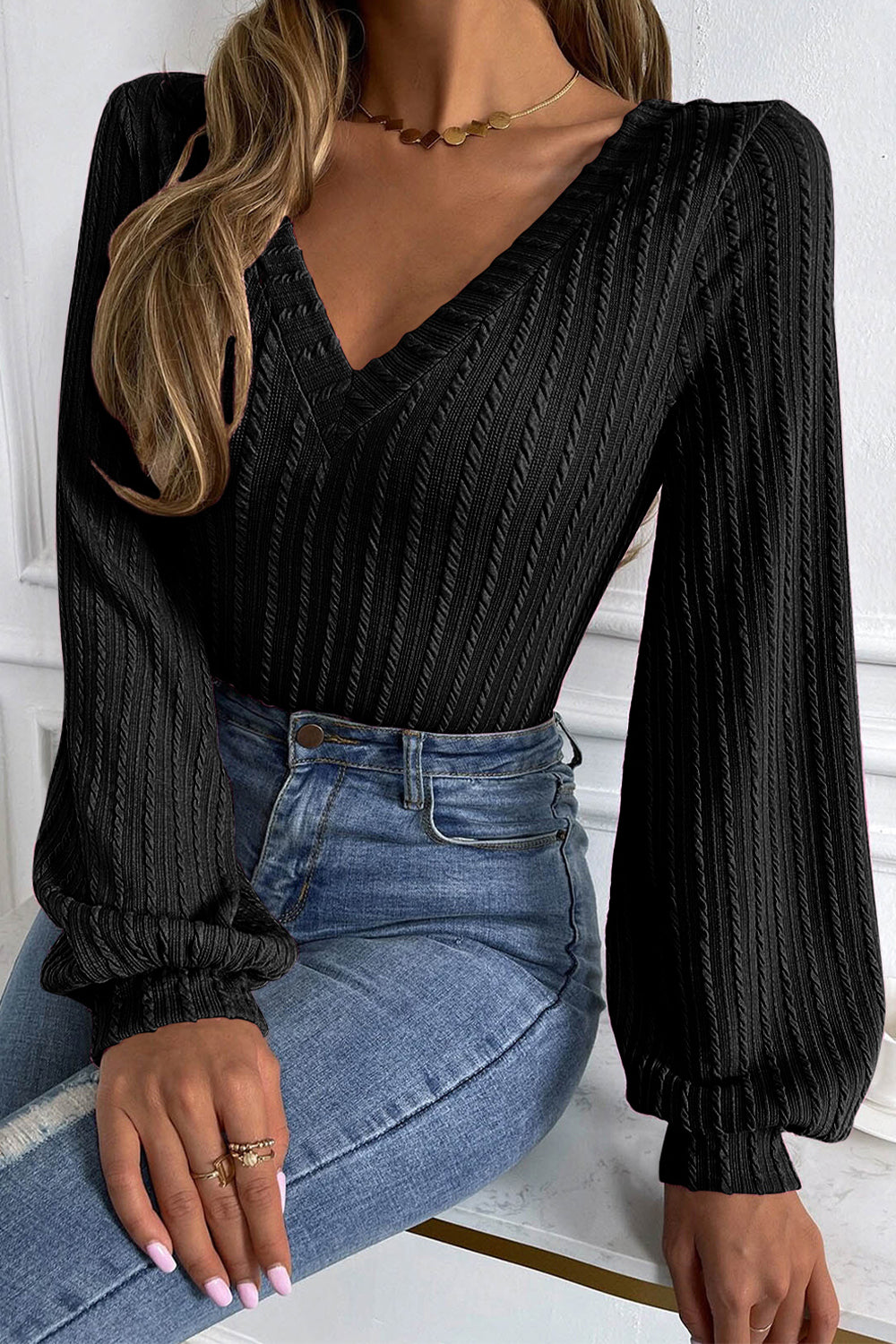 Black Long Sleeve Knit Top in Size S, M, L, or XL