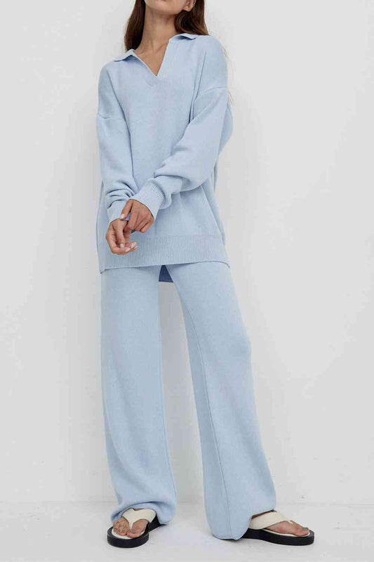 Dropped Shoulder Sweater and Long Pants Set Misty Blue One Size