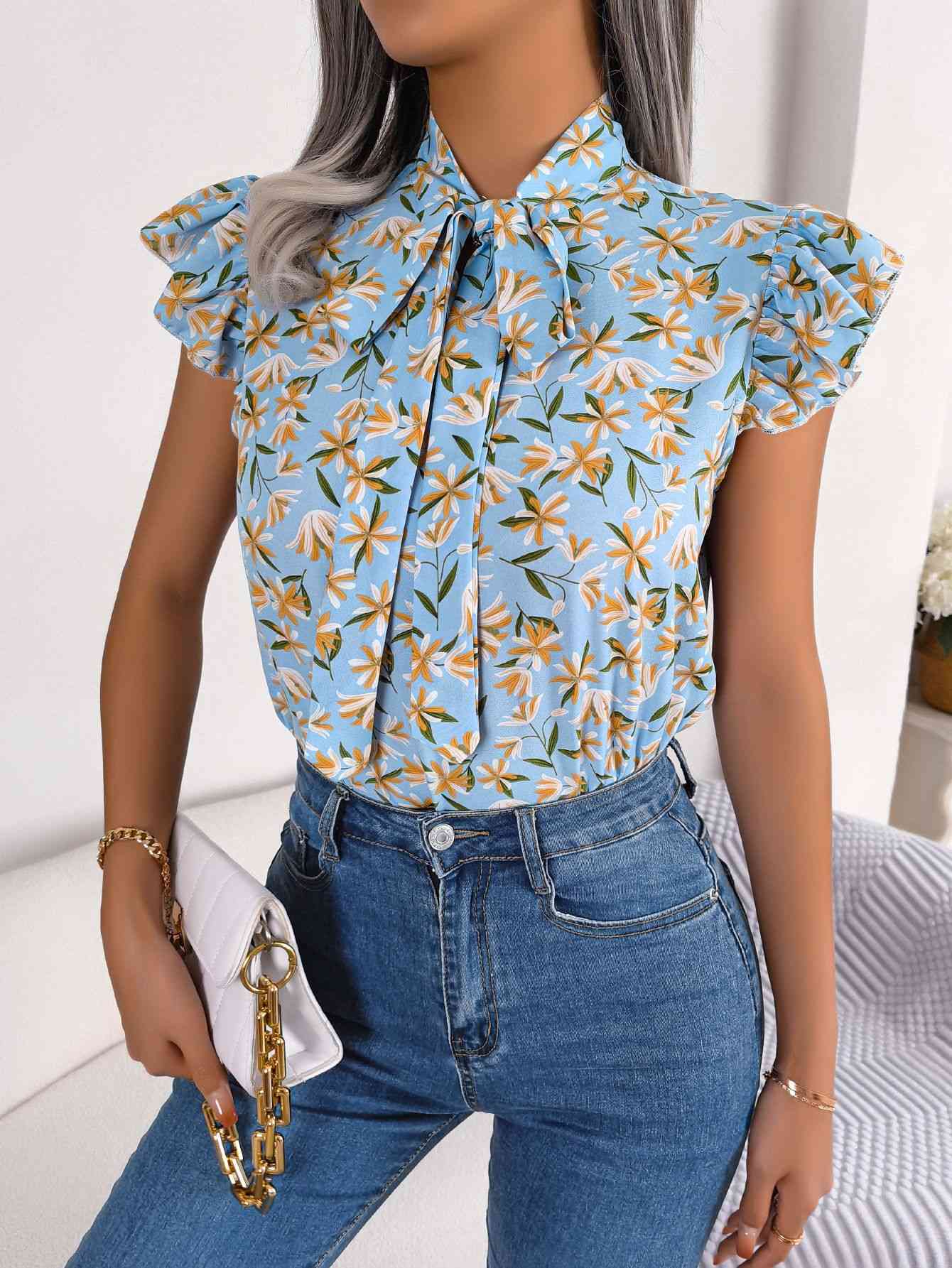 Floral Tie Neck Flutter Sleeve Blouse Misty Blue