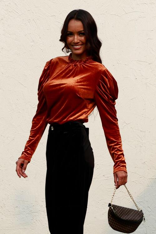 Round Neck Puff Sleeve Velvet Blouse