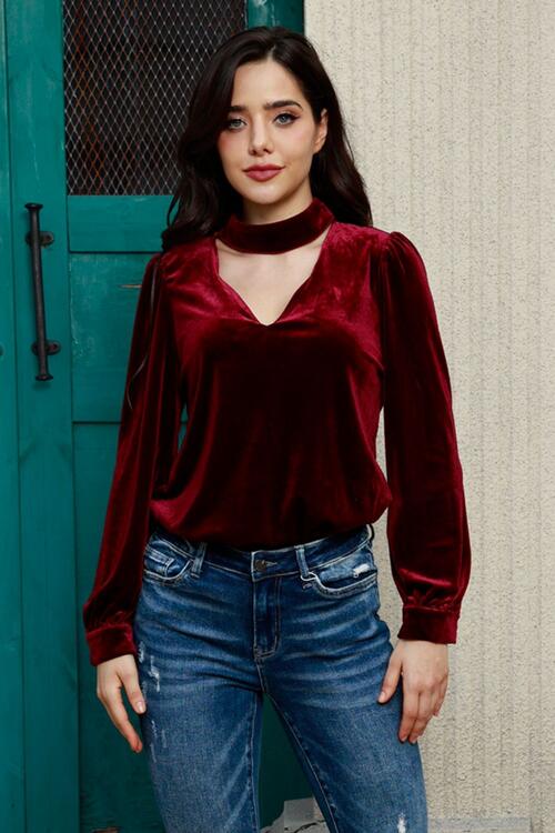 Cutout Puff Sleeve Velvet Blouse Wine