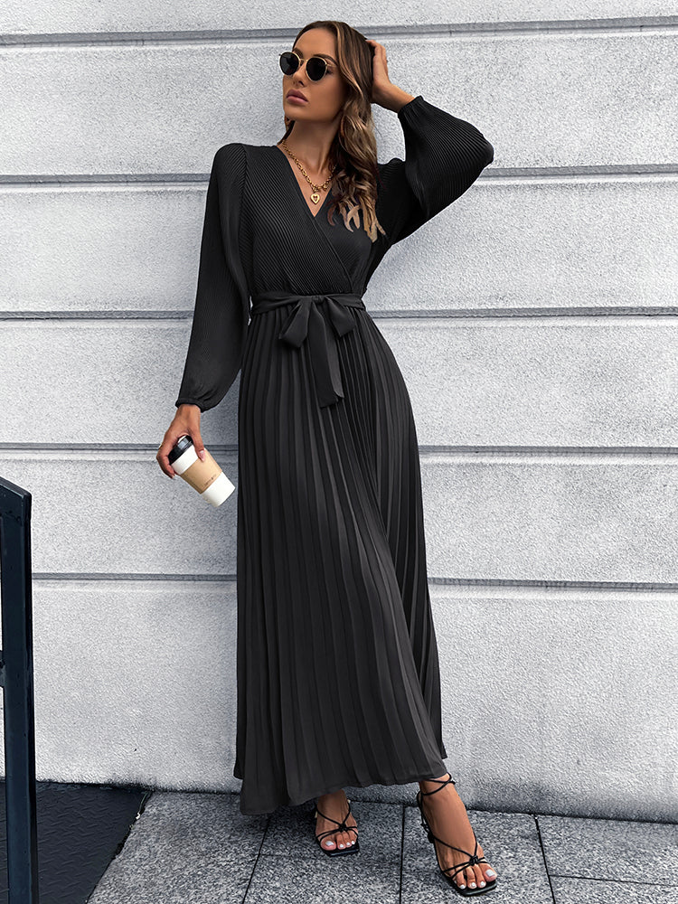 V Neck Pleated Maxi Dress in 5 Color Choices in Size S, M, L, XL, or 2XL