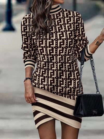 Printed Turtleneck Long Sleeve Mini Dress in Size S, M, or L