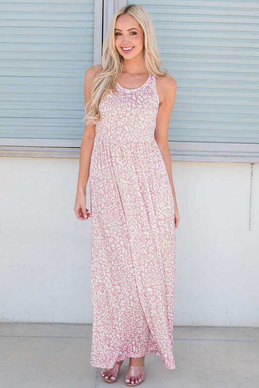 Leopard Round Neck Sleeveless Maxi Dress in Blush Pink or Charcoal in Size S, M, L, or XL