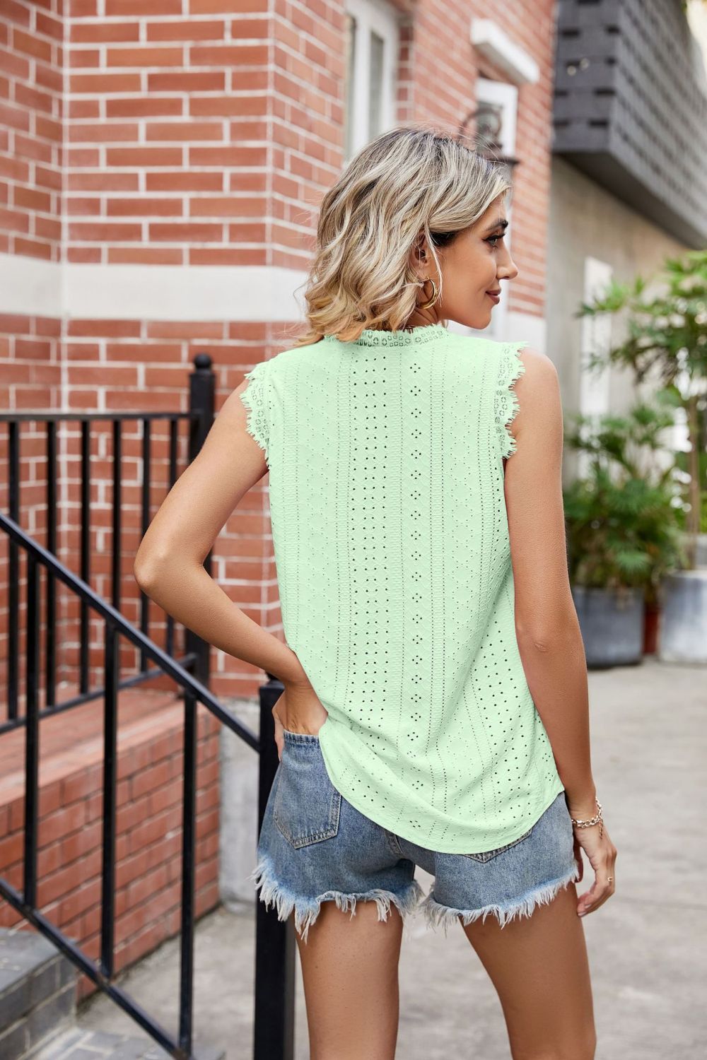 Eyelet Lace Trim Eyelash V-Neck Tank Top