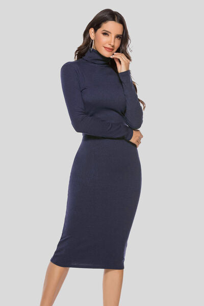 Ribbed Turtleneck Long Sleeve Dress in 5 Color Choices in Size S, M, or L
