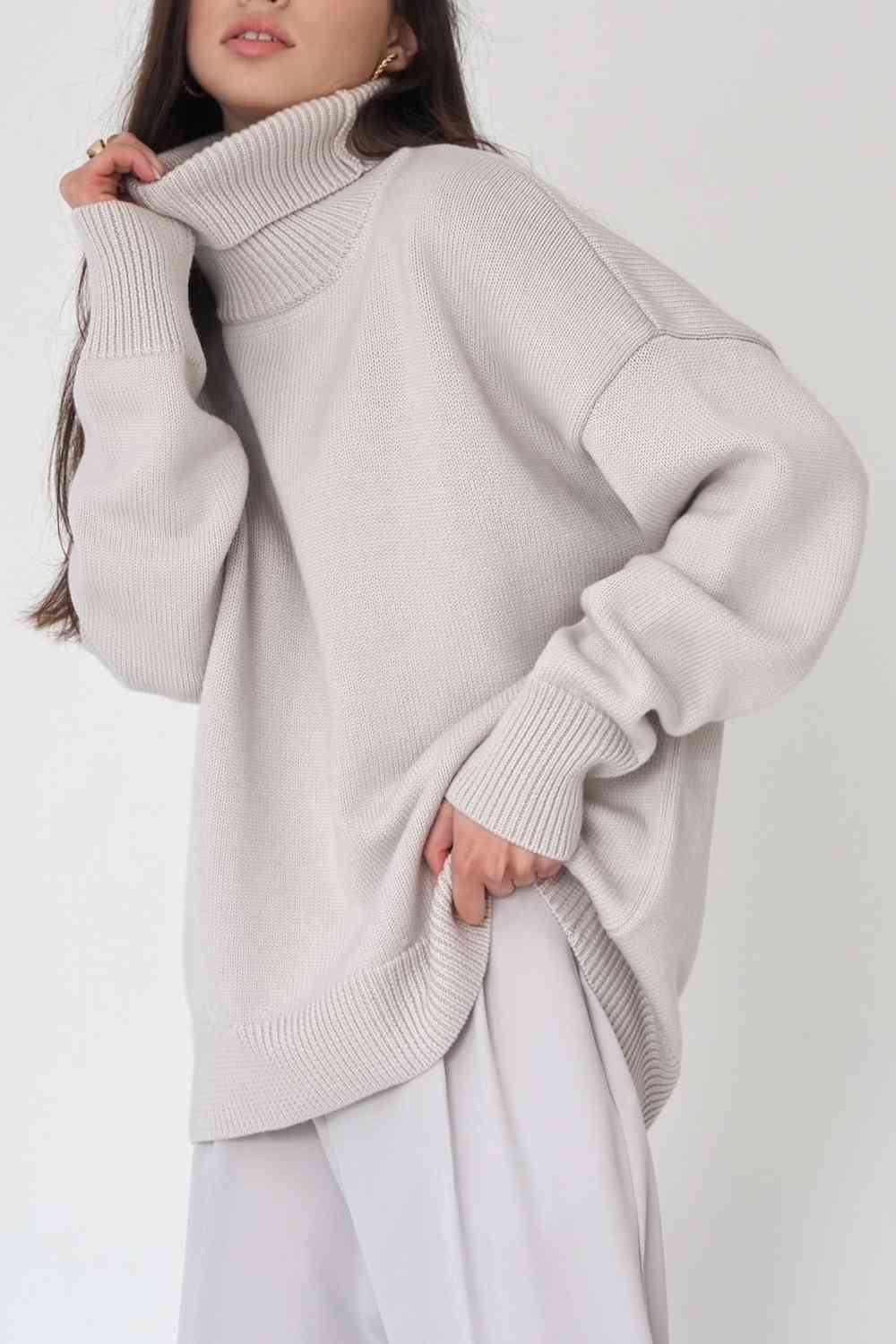 Turtle Neck Dropped Shoulder Sweater Light Gray