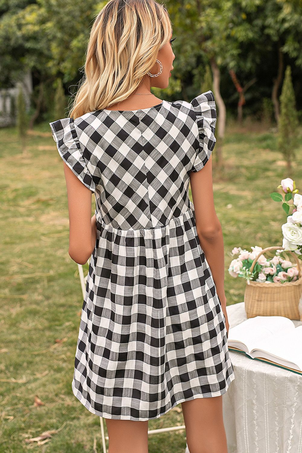 Plaid Butterfly Sleeve Deep V Dress in Size S, M, L, or XL