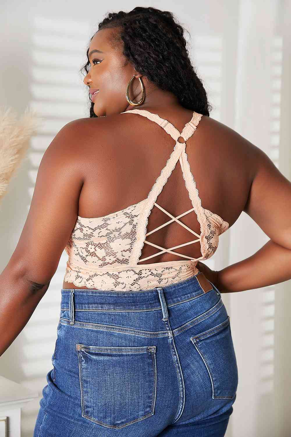 JadyK Juliette Criss Cross Light Apricot Lace Bralette in Size S/M, L/XL, 1XL/2XL, or 2XL/3XL