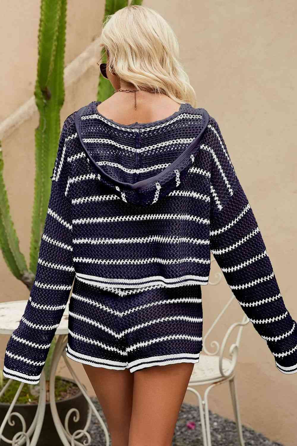 Striped Openwork Knit Hoodie and Shorts Set in Size S, M, L, or XL
