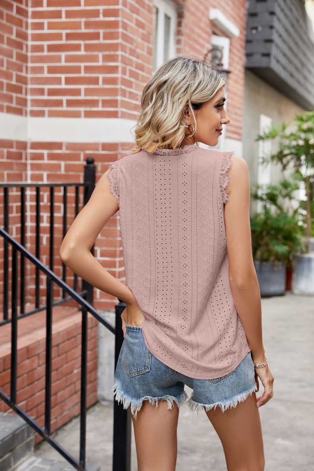 Eyelet Lace Trim Eyelash V-Neck Tank Top